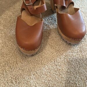 MIA Brown Leather Mules with Wooden Sole